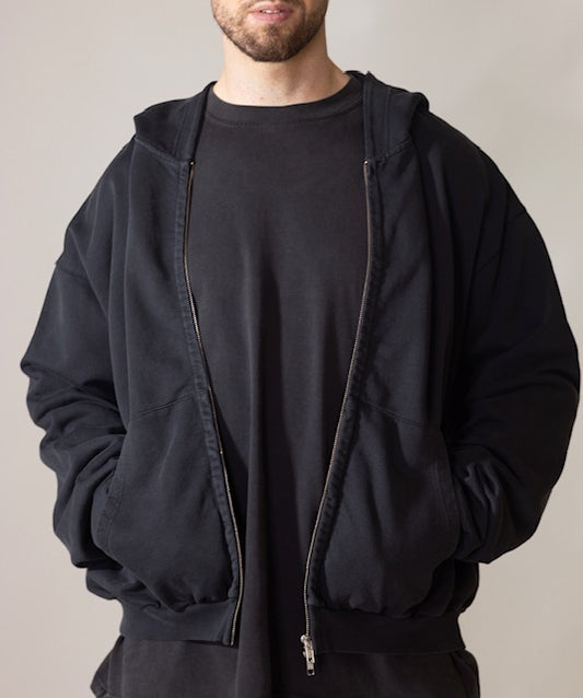 BOXY  FIT ZIP HOODIE WASHED DARK GREY